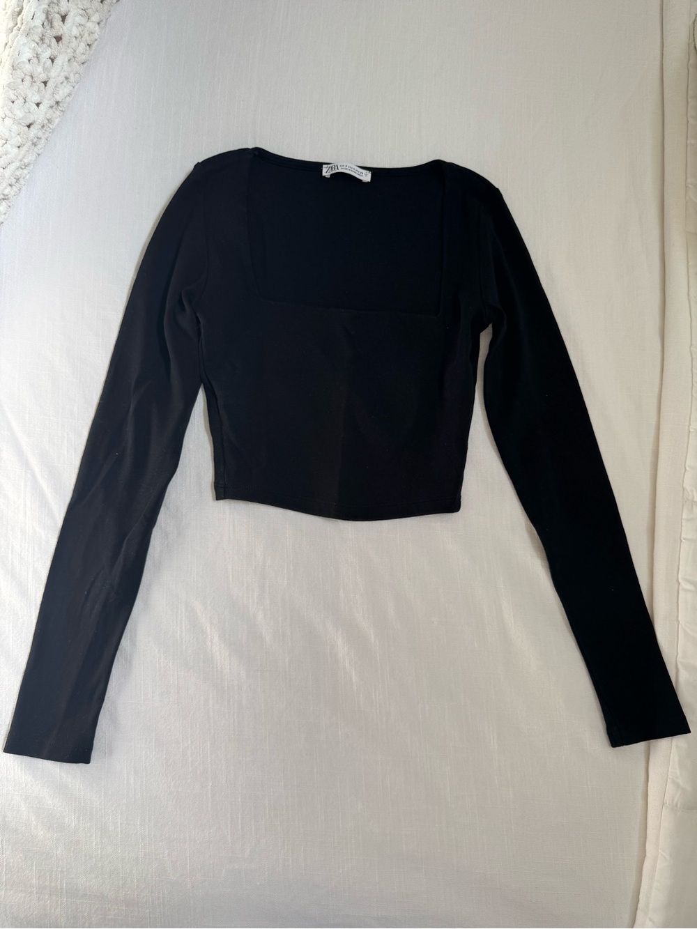 Zara Square-Neck Long Sleeve Crop Top - Black